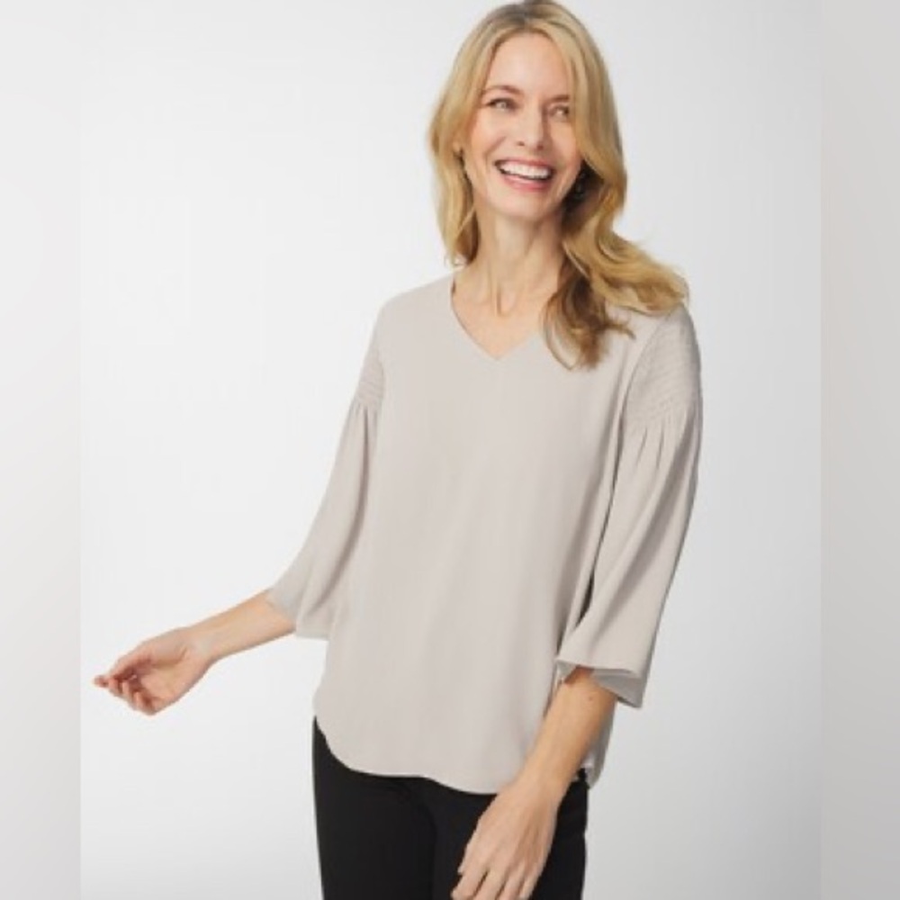Chico’s Smocked Flutter-Sleeve Top, NWT, size 4, taupe
